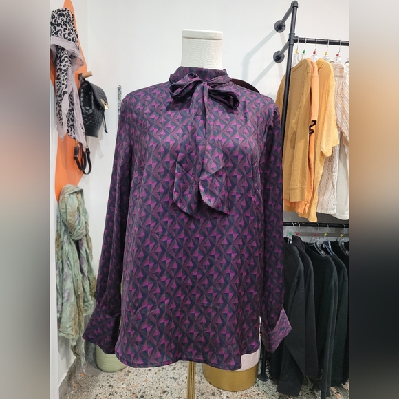 twik Tops - Twik Purple Patterned Blouse with Bow